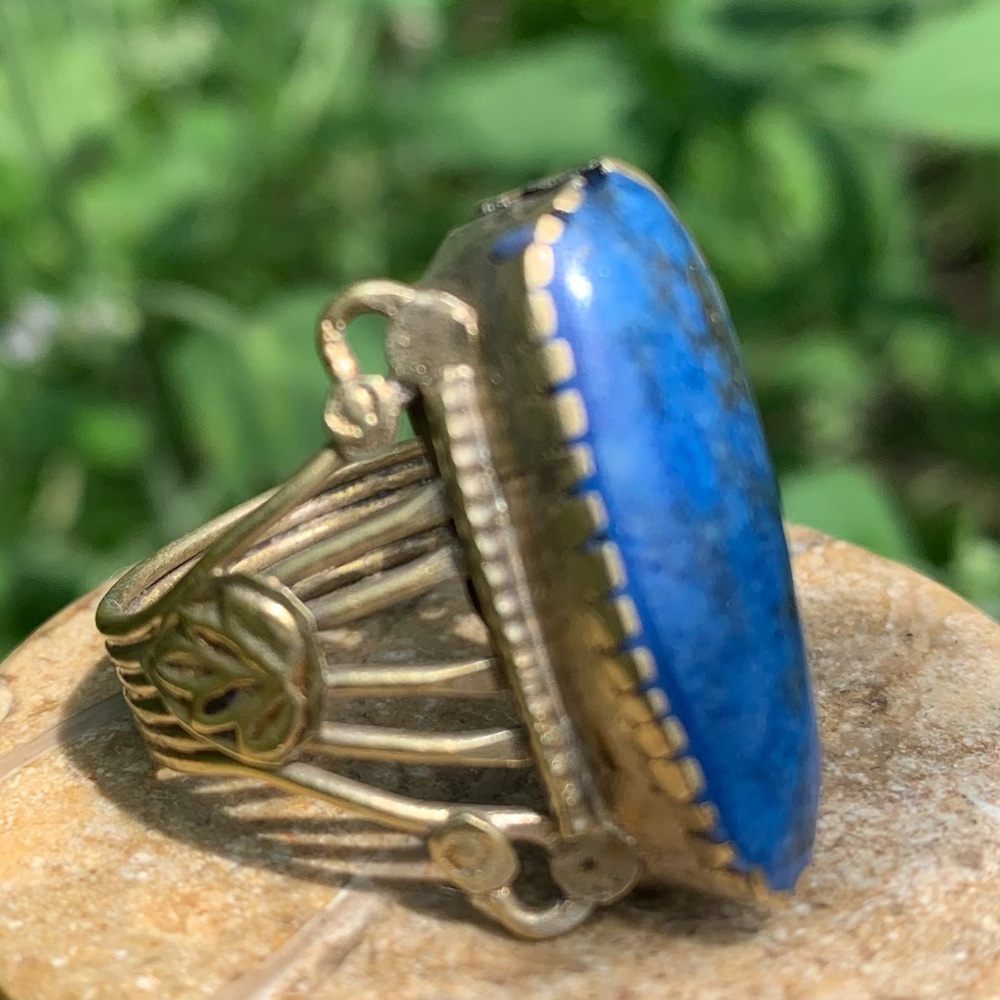 Vintage Afgan Lapis Lazuli Large Ring Sz 7 Tribal Native Elongated Cabochon Blue - Picture 2 of 16